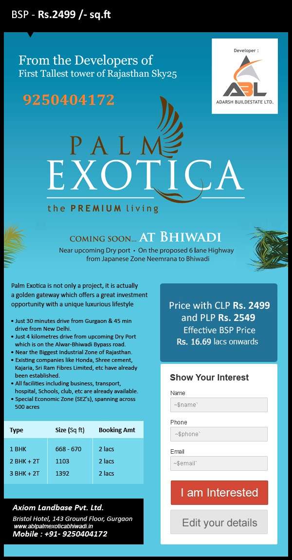 Call 9250404172 pre launch abl palm exotica bhiwadi