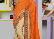 Orange viscose embroidered work party wear saree - indian saree store